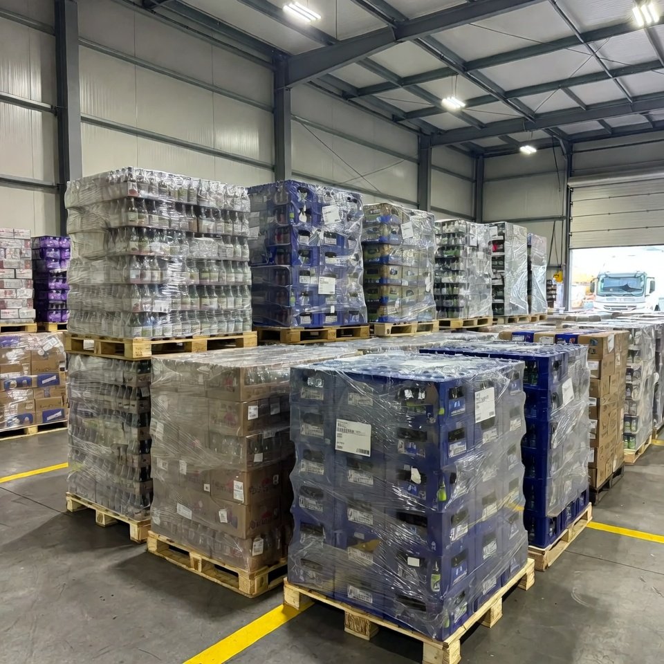 Wholesale drinks shipment with pallets being prepared