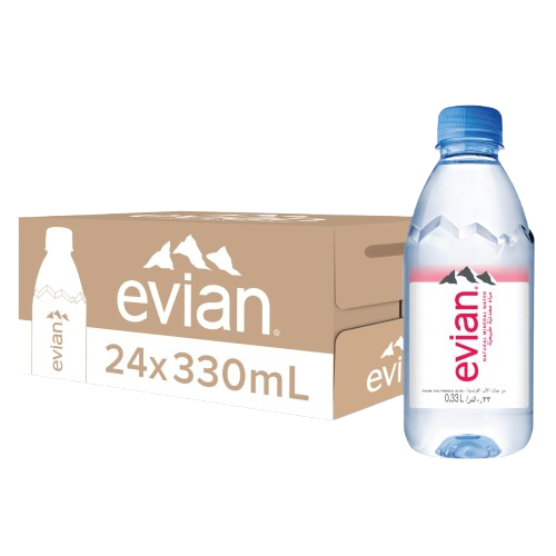 Bottles of Evian 330 ml natural mineral water supplied wholesale to European trade buyers