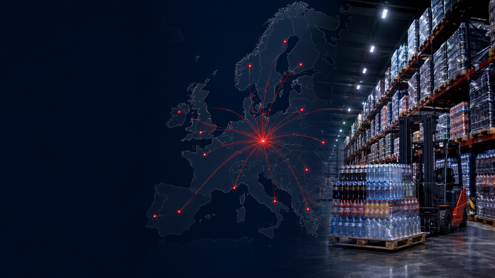 Illustrated drinks pallets with European distribution routes being planned